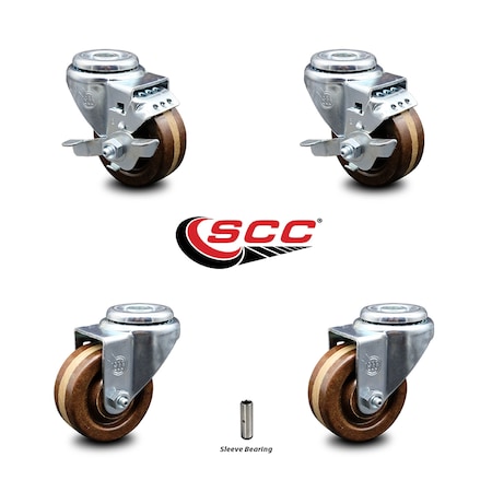 Service Caster 3 Inch High Temp Phenolic Wheel Swivel Bolt Hole Caster Set with 2 Brake SCC SCC-BH20S314-PHSHT-2-TLB-2